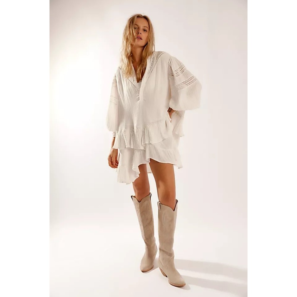 Free People Sachi Mini Dress Ivory White Crochet Lace Tiered Ruffle V-Neck L